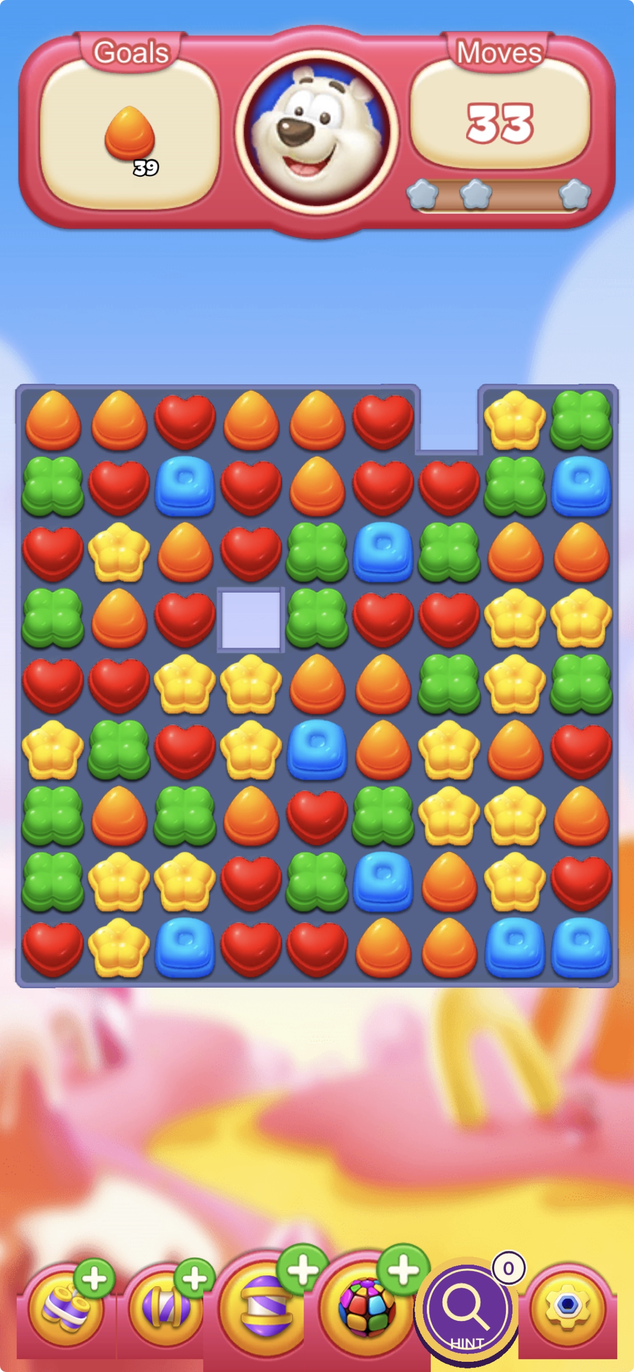 Project Crown match-three gameplay board with goals, moves, and boosters