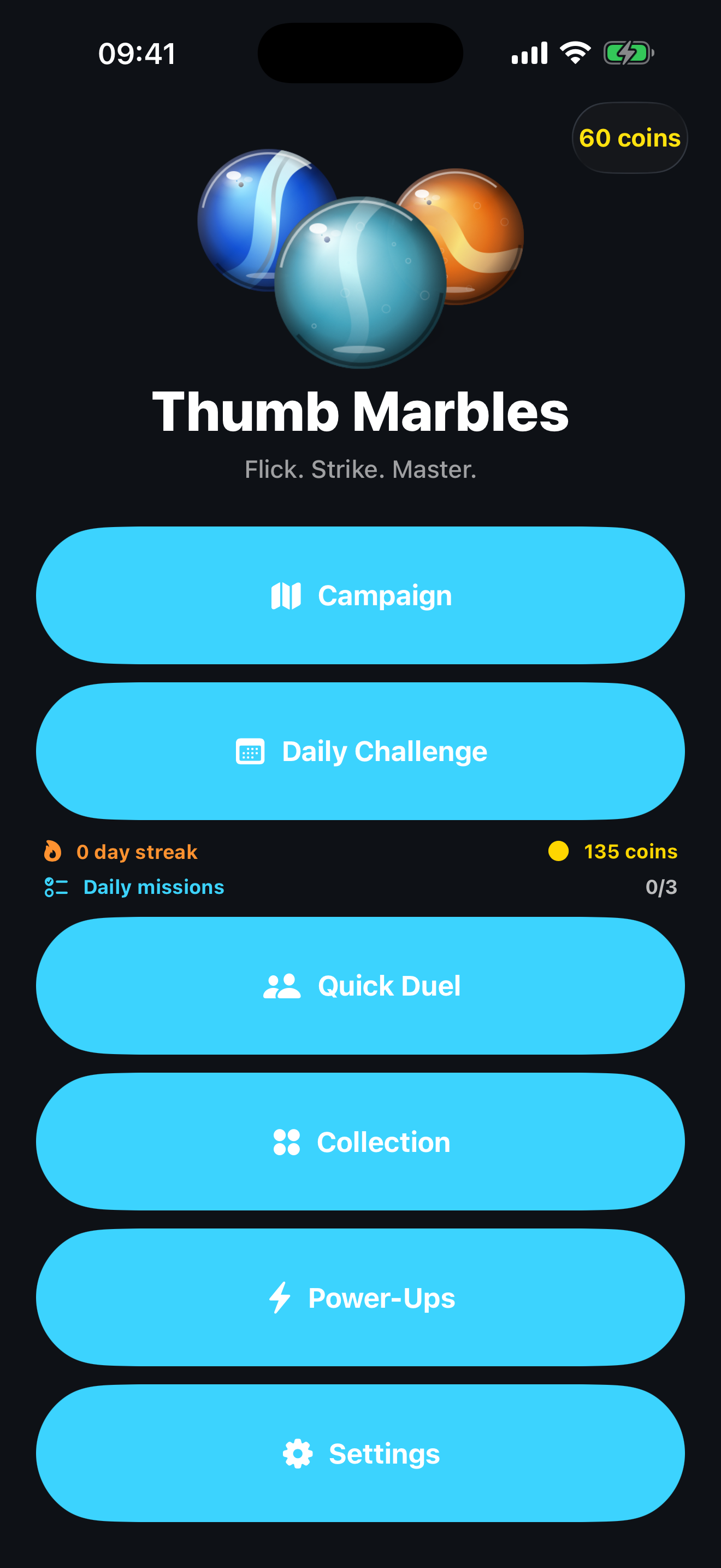 Thumb Marbles home screen showing campaign, daily challenge, quick duel, collection, and power-ups